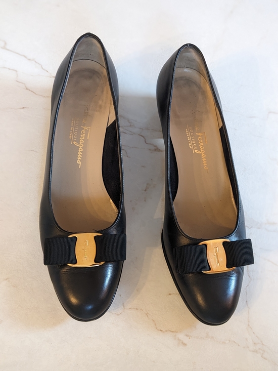 Salvatore Ferragamo Shoes - Salvatore Ferragamo Black Leather Vara Bow Flats with Gold Accent